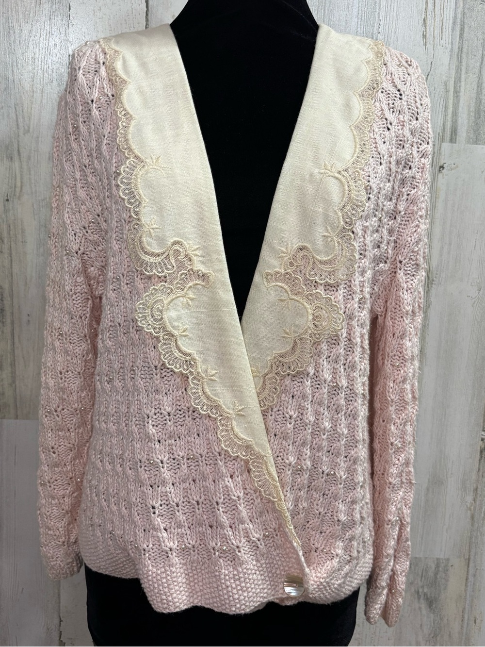 Jennifer‎ Reed Vintage 80’s Delicate Pink Knit Cardigan with Lace Trim